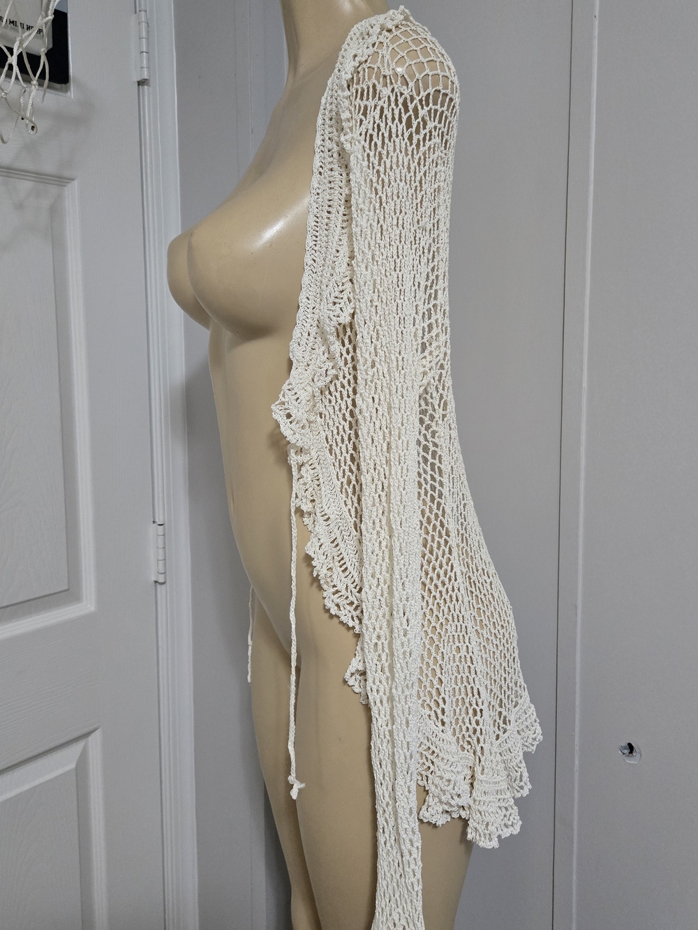 Cardigan Cream Crochet Open-Knit Tie-Front Blazer Jacket - Picture 10 of 11
